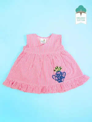 Pink - Organic Cotton Flower Pot Embroidered Girls Striped Jabla / Dress