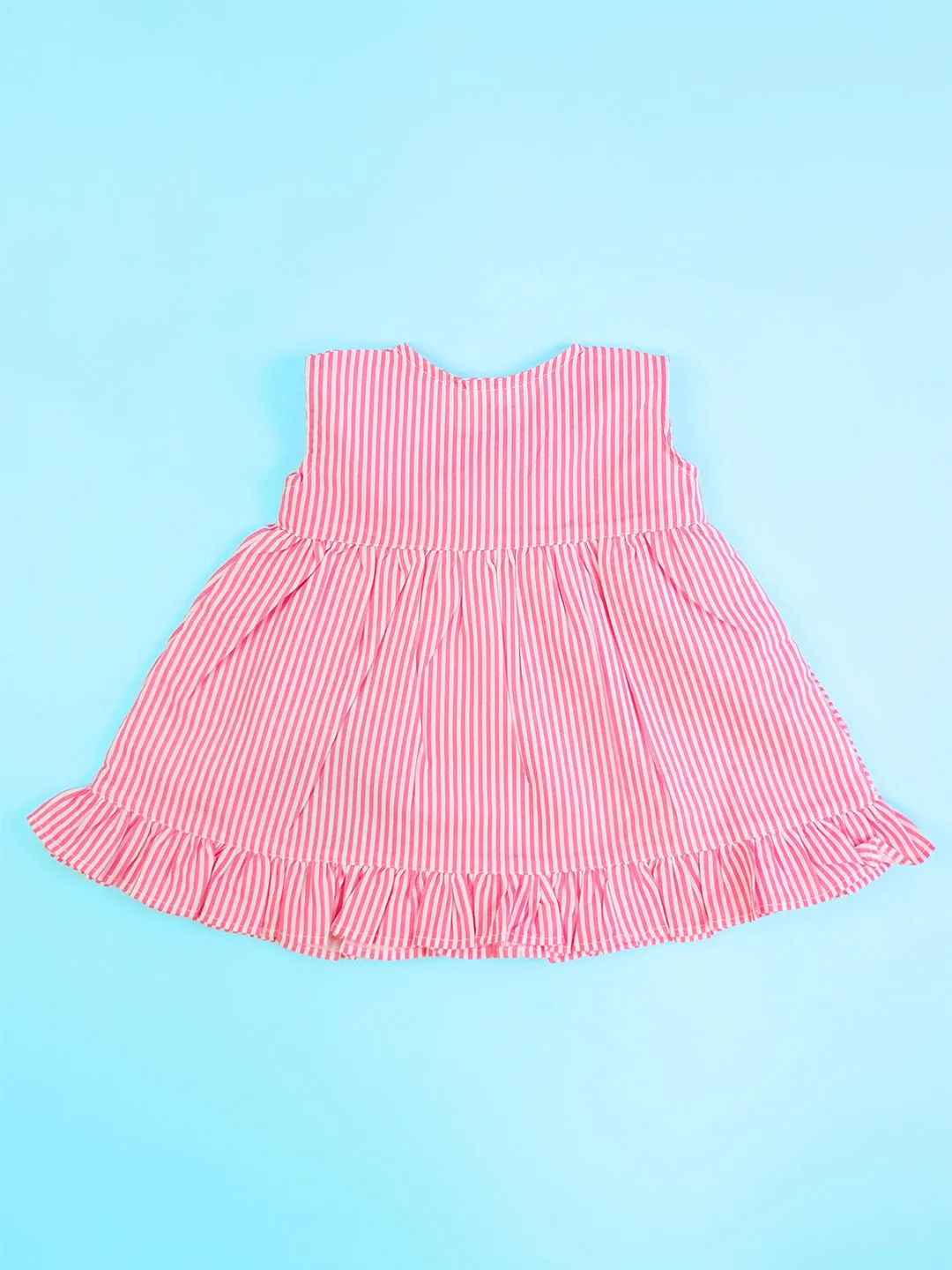 Pink - Organic Cotton Flower Pot Embroidered Girls Striped Jabla / Dress