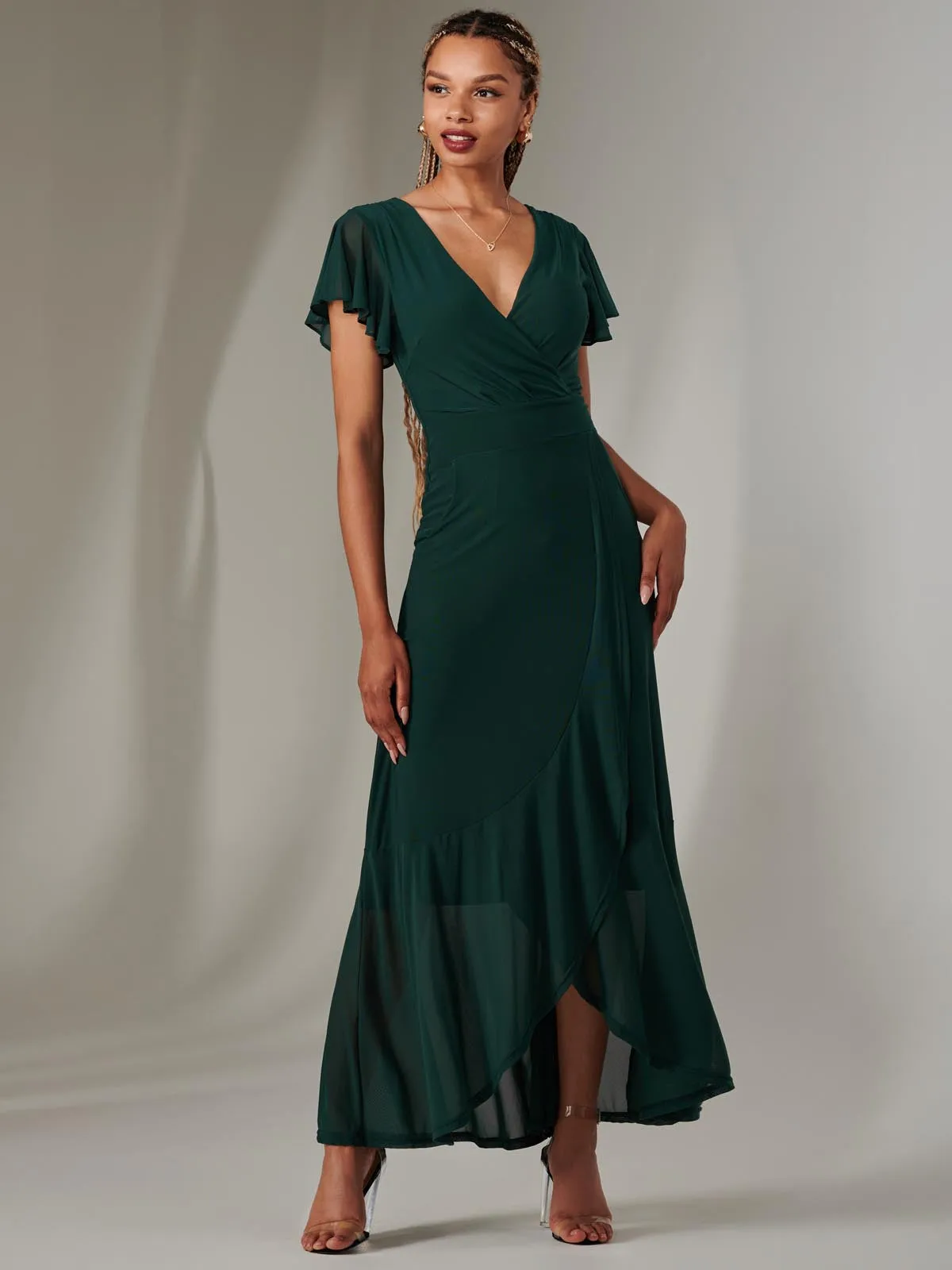 Plain Wrap Mesh Maxi Dress, Dark Green