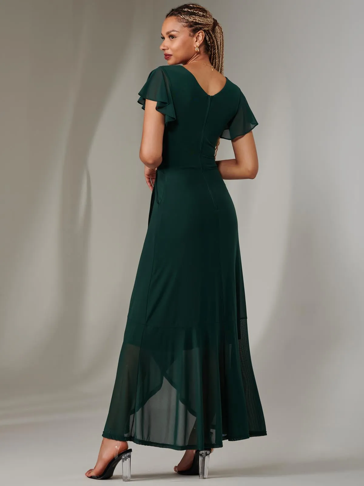 Plain Wrap Mesh Maxi Dress, Dark Green