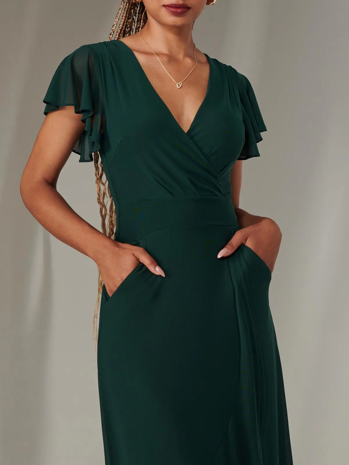 Plain Wrap Mesh Maxi Dress, Dark Green