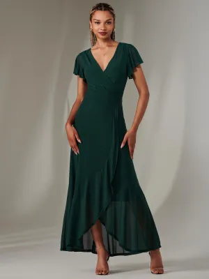 Plain Wrap Mesh Maxi Dress, Dark Green