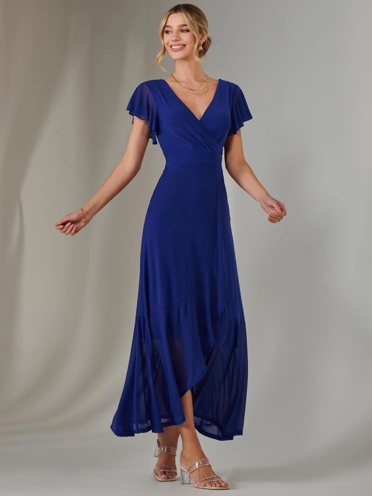 Plain Wrap Mesh Maxi Dress, Navy