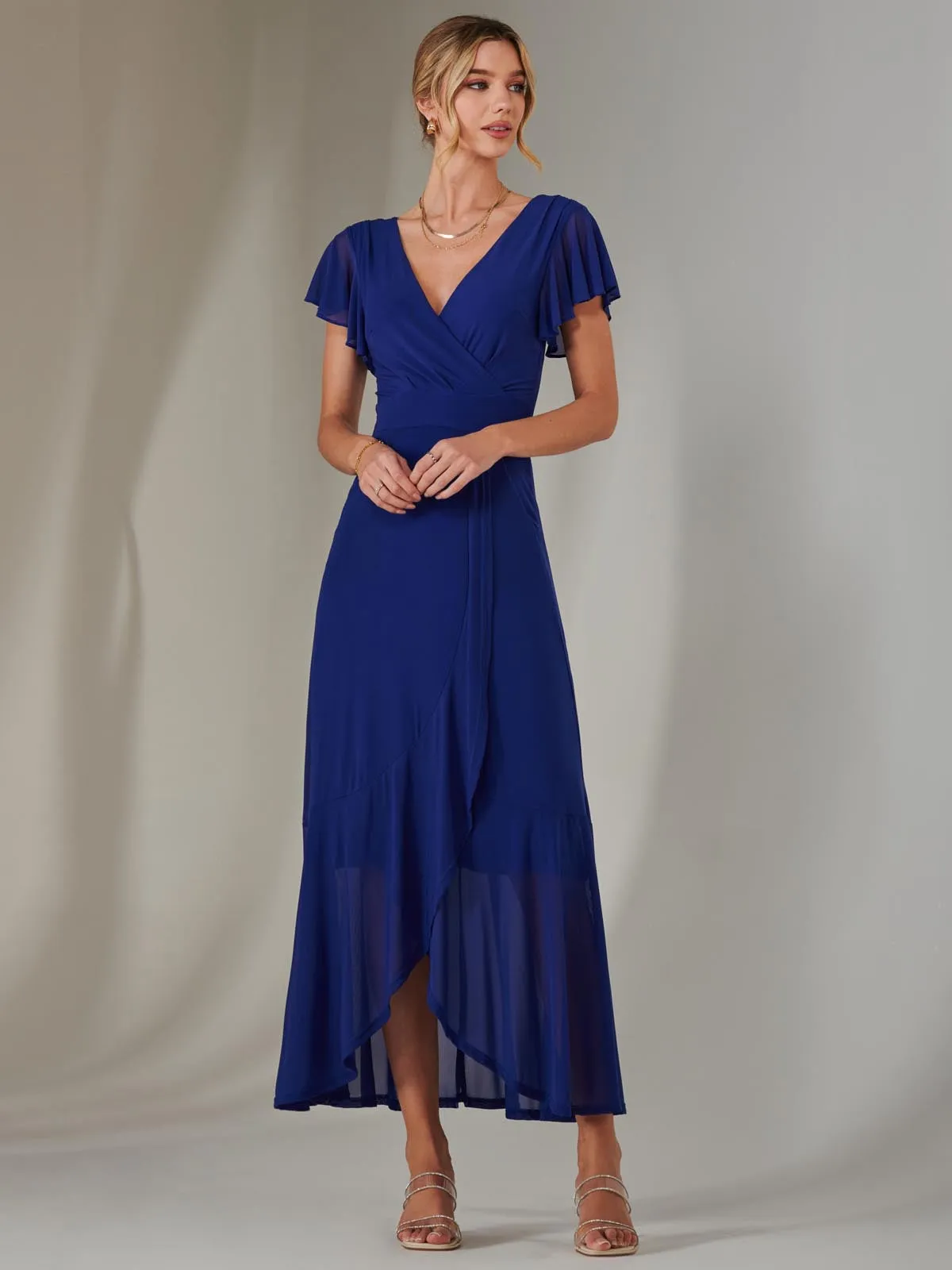 Plain Wrap Mesh Maxi Dress, Navy