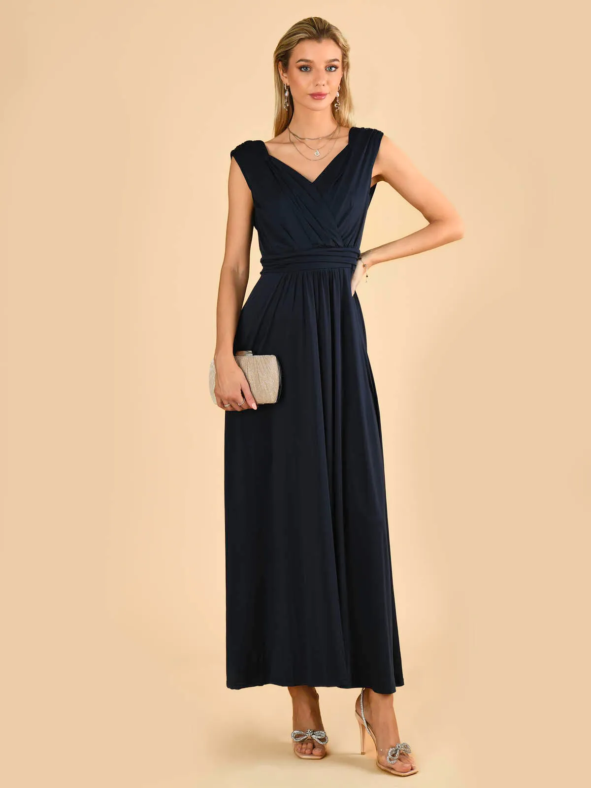 Plunge V Neck Draped Maxi Dress, Navy