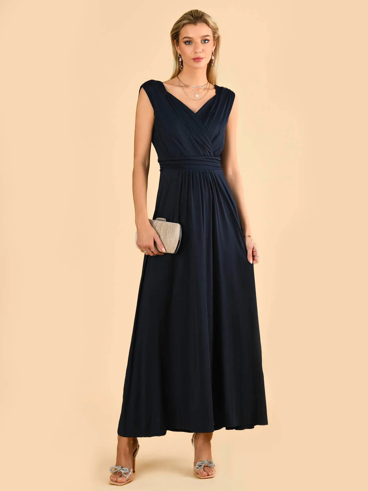 Plunge V Neck Draped Maxi Dress, Navy