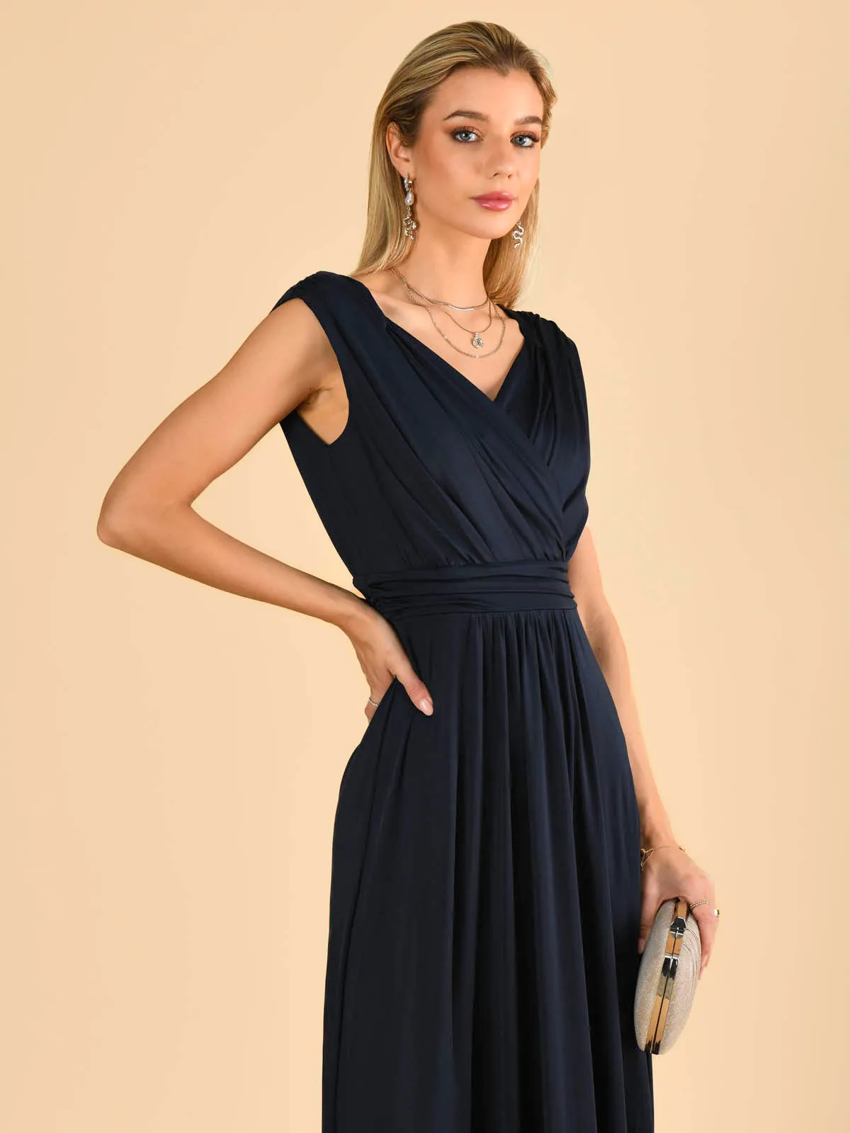 Plunge V Neck Draped Maxi Dress, Navy