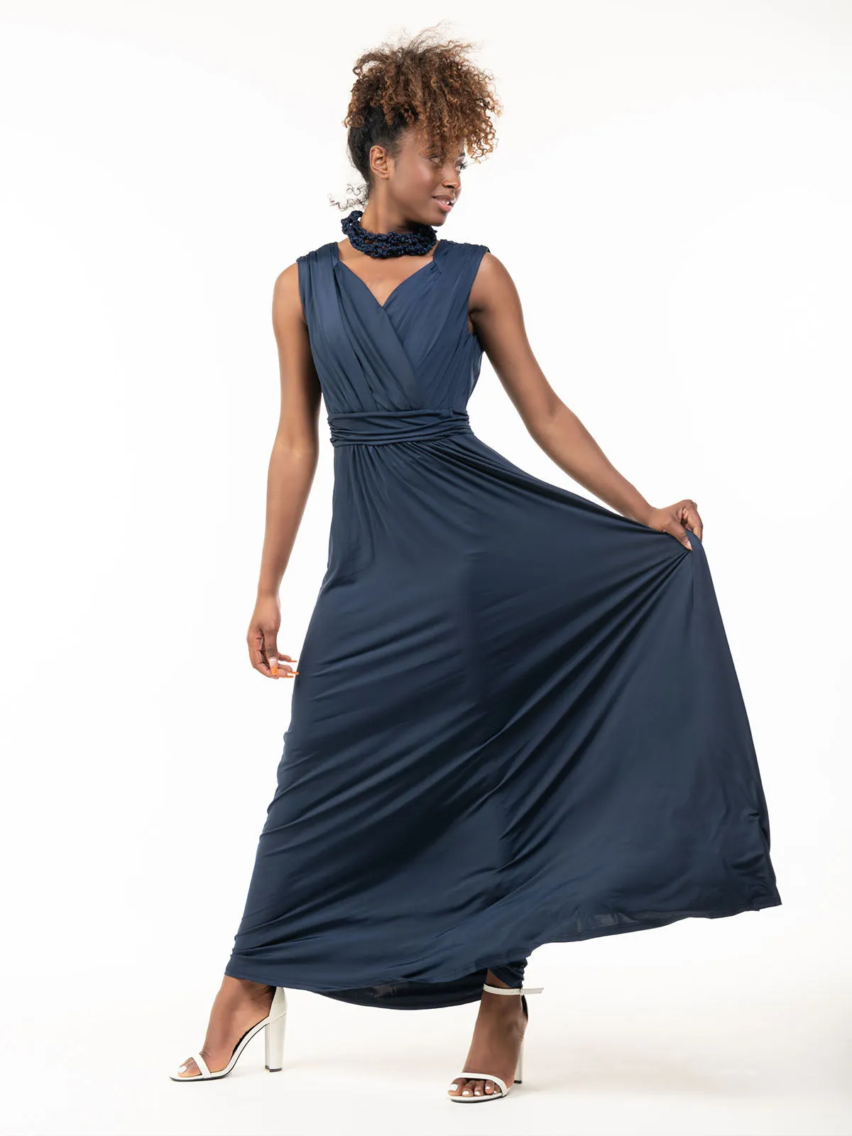 Plunge V Neck Draped Maxi Dress, Navy