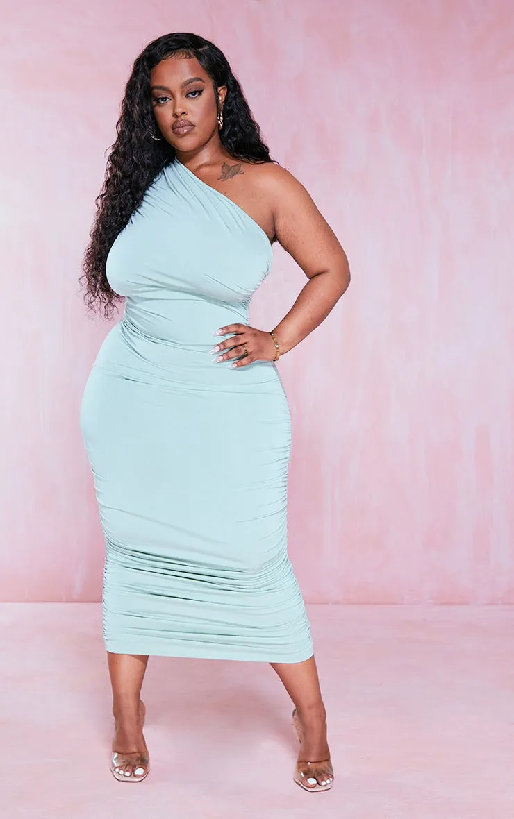 Plus Emerald Green Slinky Ruched One Shoulder Longline Midi Dress