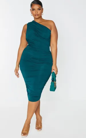 Plus Emerald Green Slinky Ruched One Shoulder Longline Midi Dress