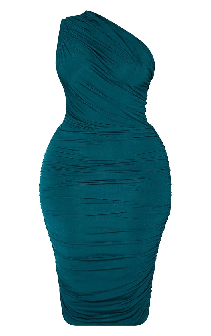 Plus Emerald Green Slinky Ruched One Shoulder Longline Midi Dress