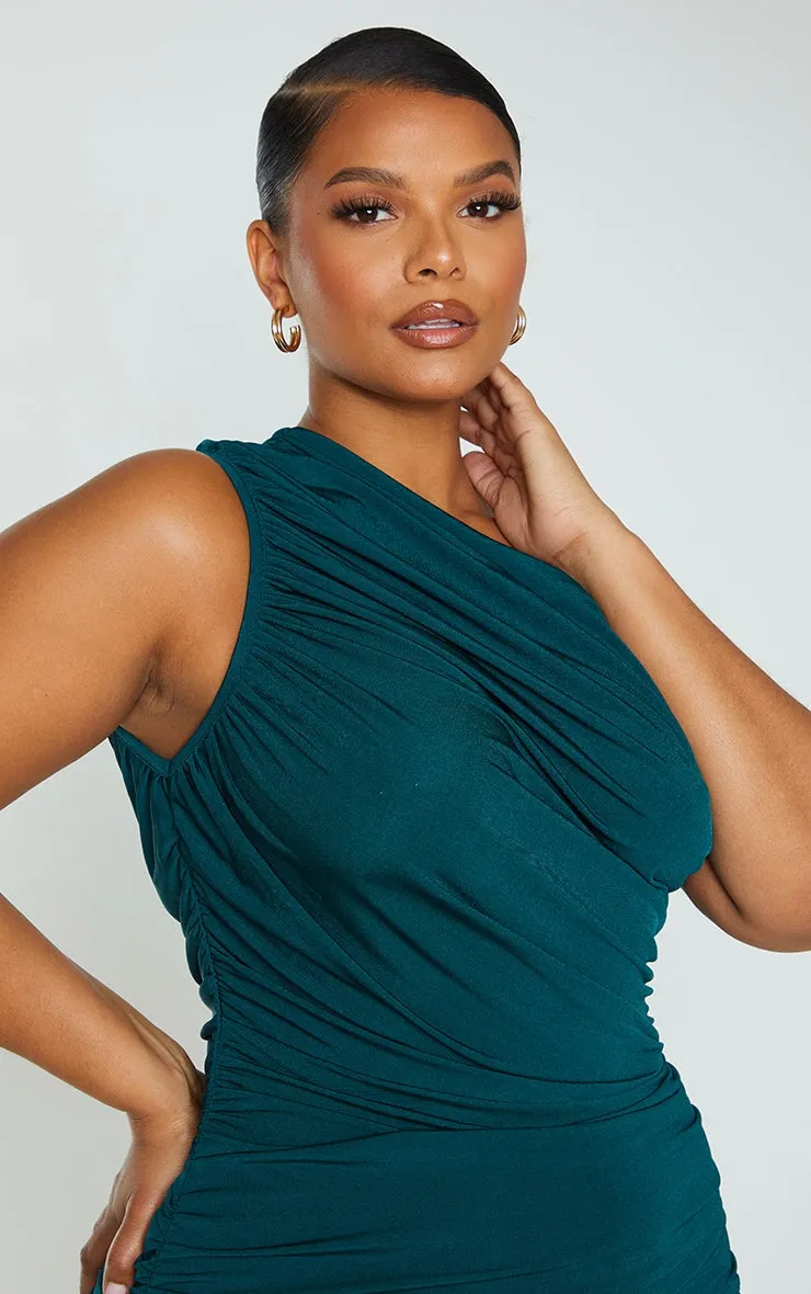 Plus Emerald Green Slinky Ruched One Shoulder Longline Midi Dress