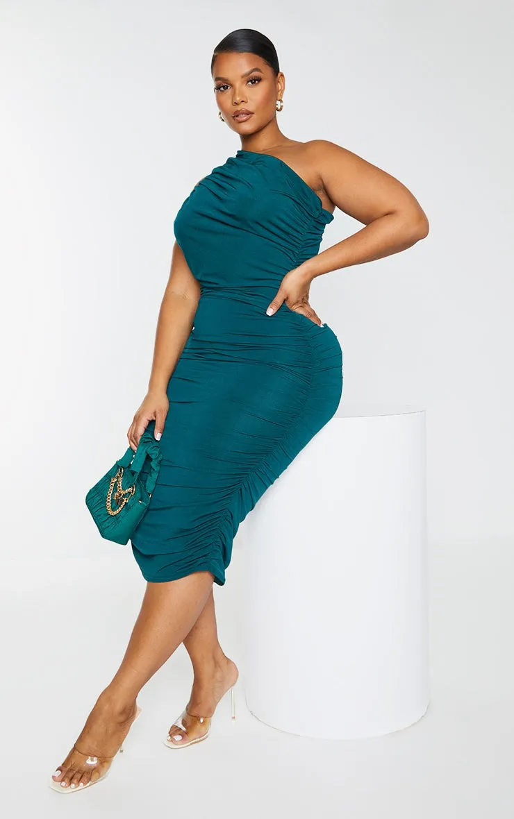 Plus Emerald Green Slinky Ruched One Shoulder Longline Midi Dress