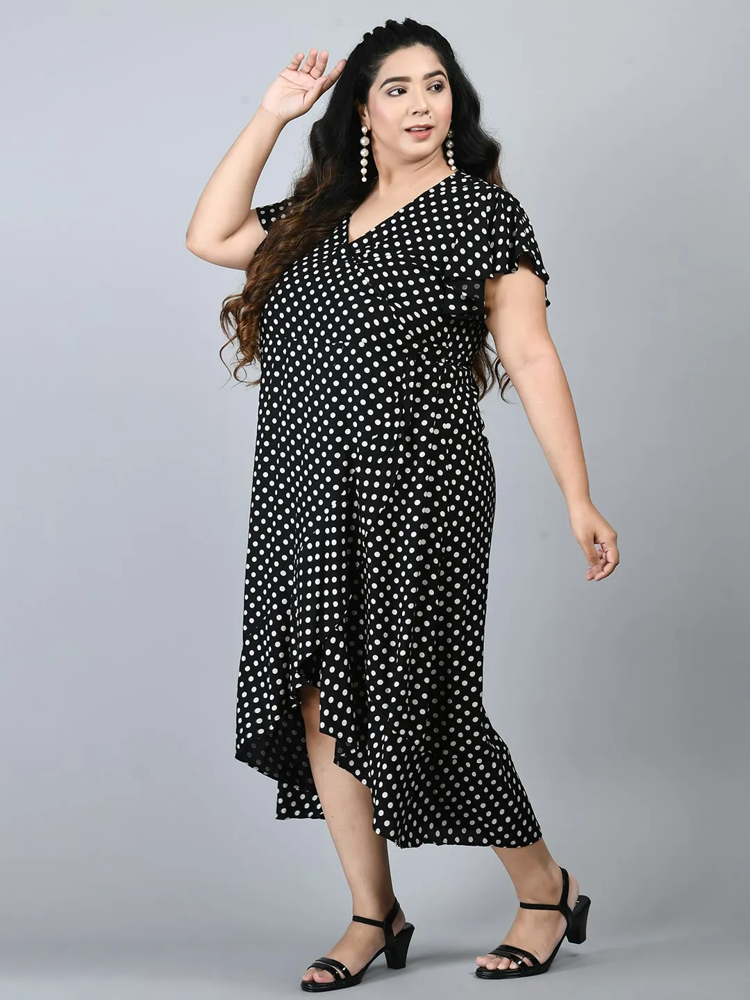 Plus Size Plus Size Black Polka Dots Wrap Dress