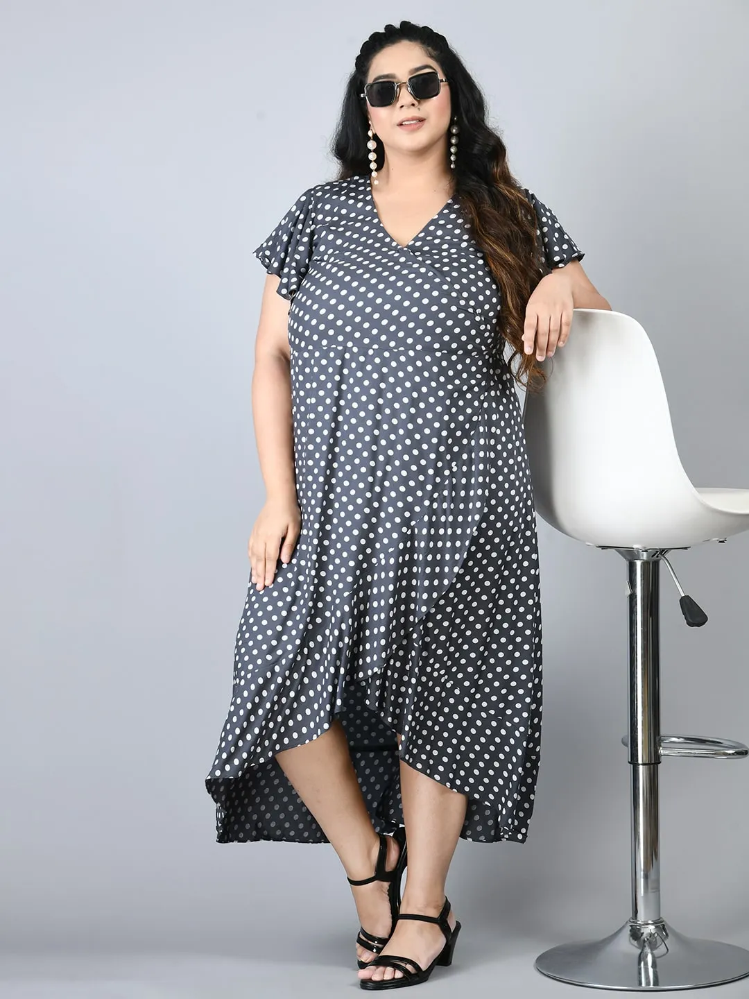 Plus Size Plus Size Grey Polka Dots Wrap Dress