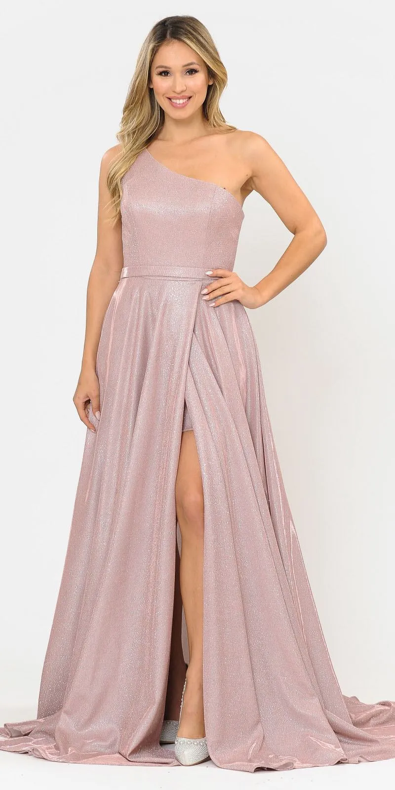 Poly USA 8430 Glitter Knit One-Shoulder Long Dress Pocket