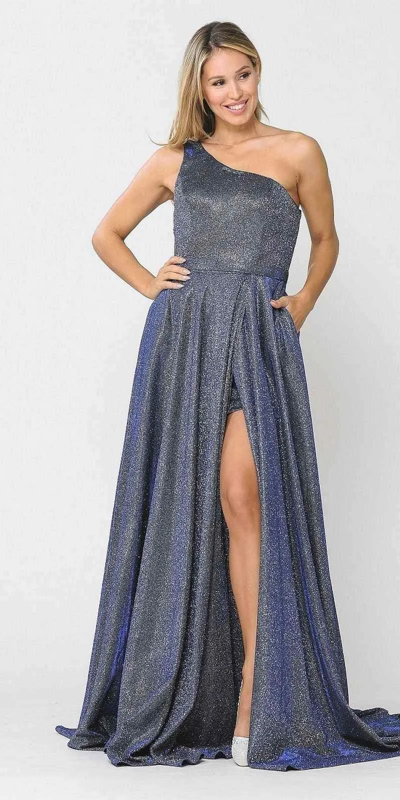 Poly USA 8430 Glitter Knit One-Shoulder Long Dress Pocket