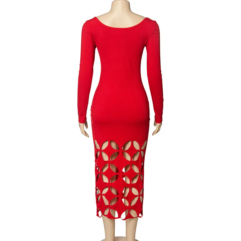 Pre Order:  Solid Long Sleeved Hollow Midi Dress