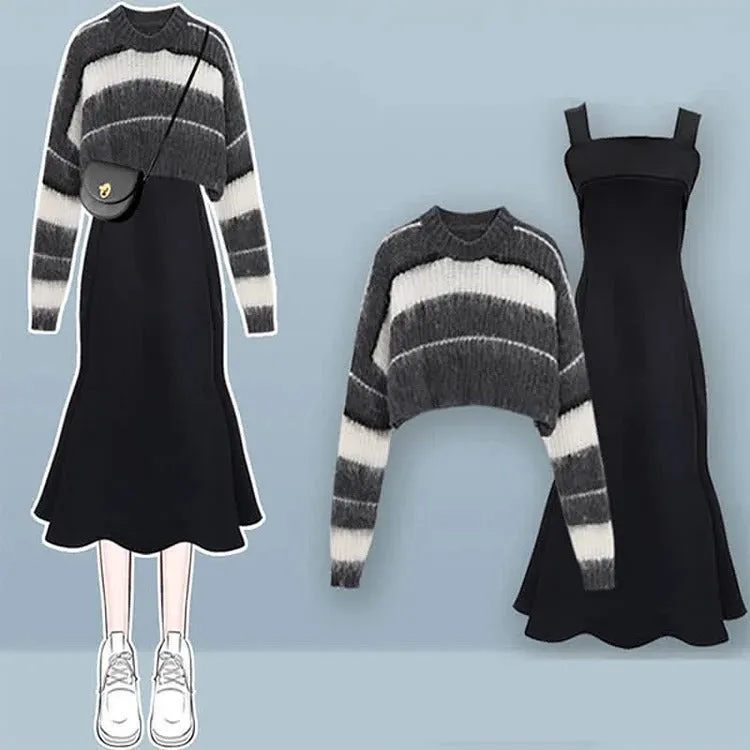 Preppy Striped Pullover Sweater Slip Dress Two Piece