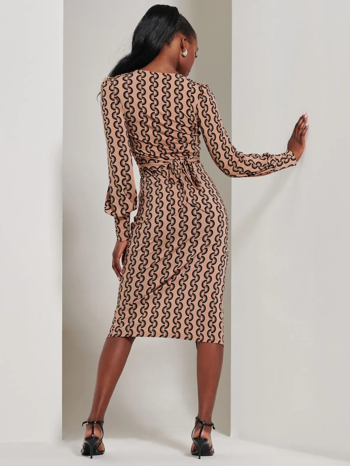 Print Long Sleeve Jersey Pencil Dress, Black Geo