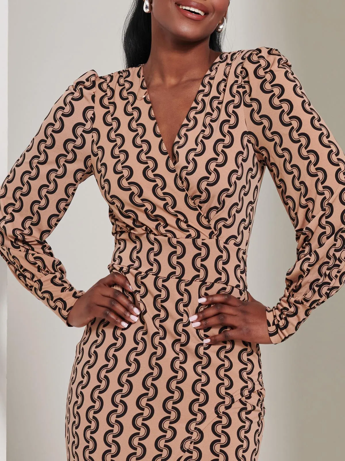 Print Long Sleeve Jersey Pencil Dress, Black Geo