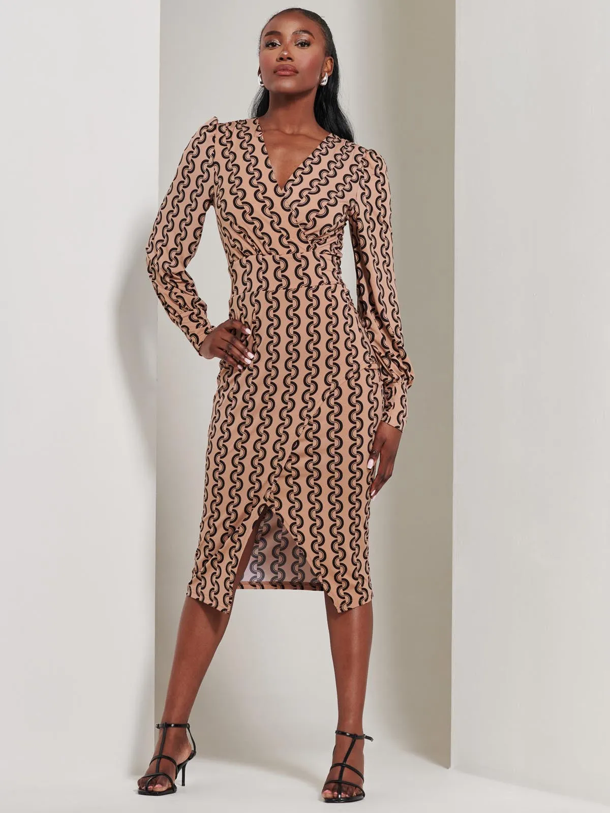 Print Long Sleeve Jersey Pencil Dress, Black Geo