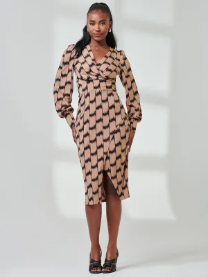 Print Long Sleeve Jersey Pencil Dress, Black/Stone