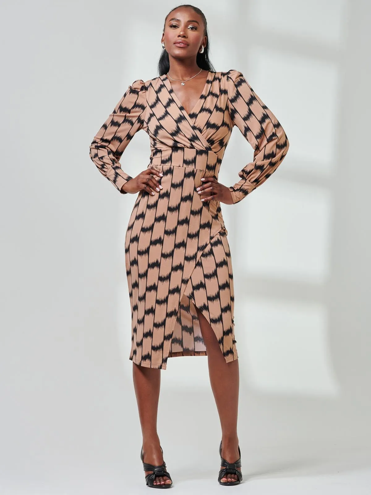 Print Long Sleeve Jersey Pencil Dress, Black/Stone