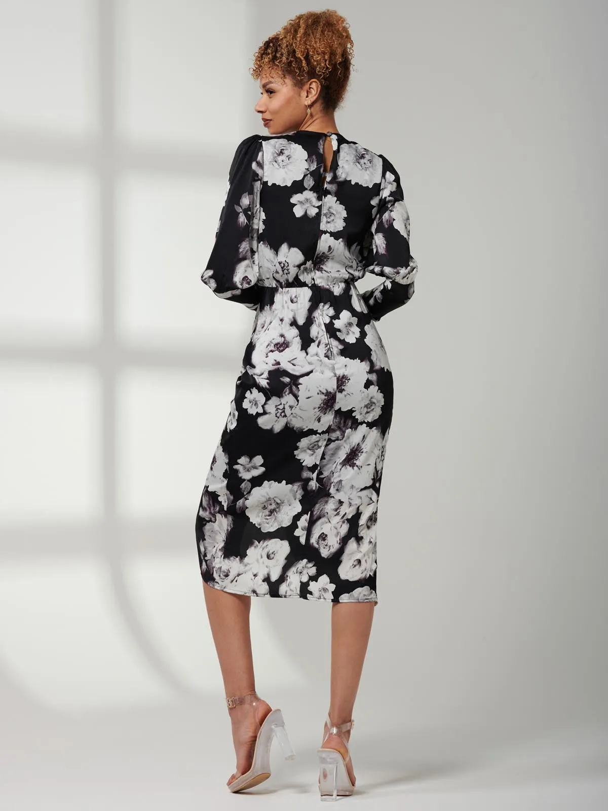 Print Satin Wrap Bodycon Dress, Black Floral