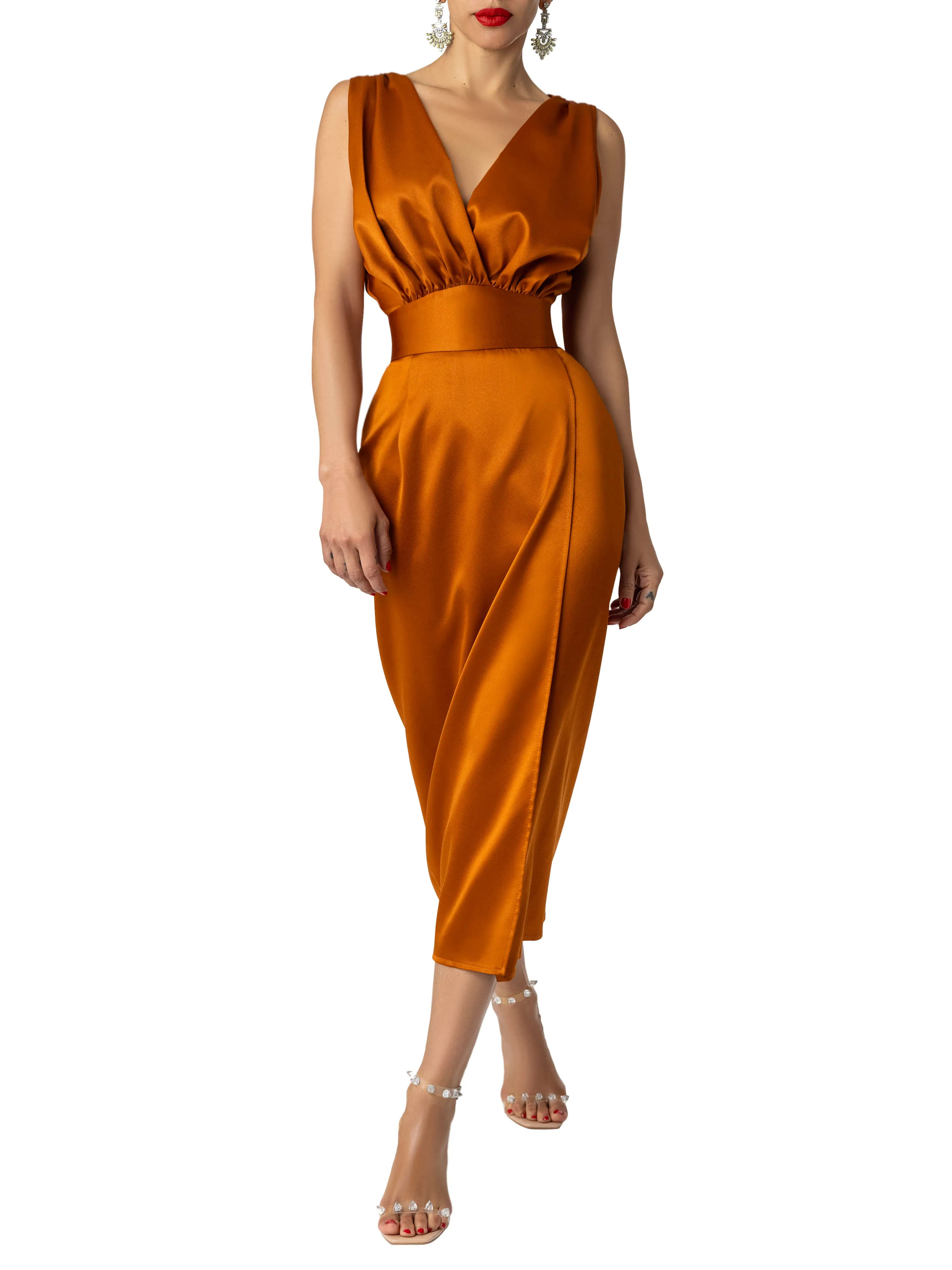 "Mariah" Cognac  Ruched Wrap Pencil Dress