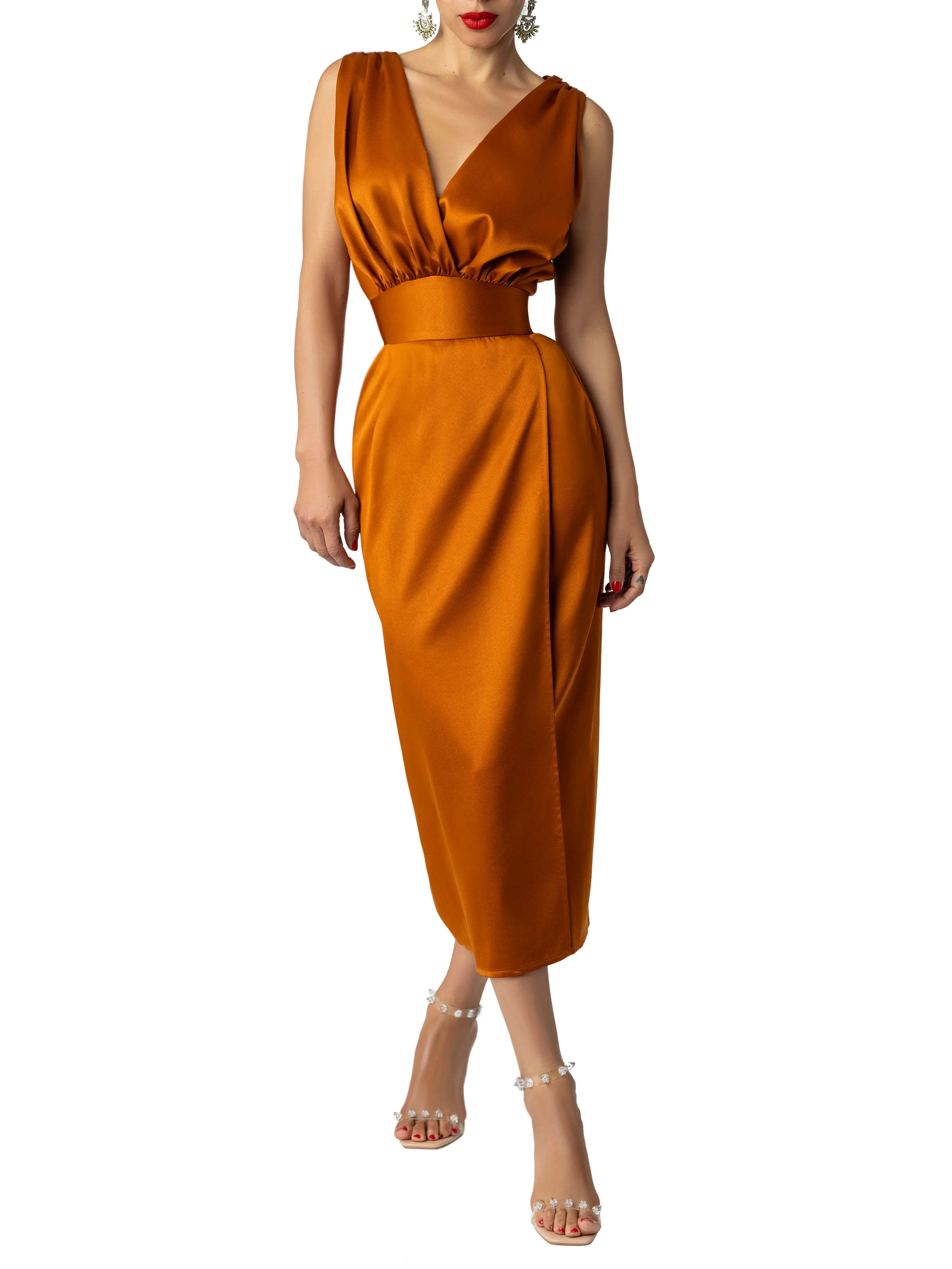 "Mariah" Cognac  Ruched Wrap Pencil Dress