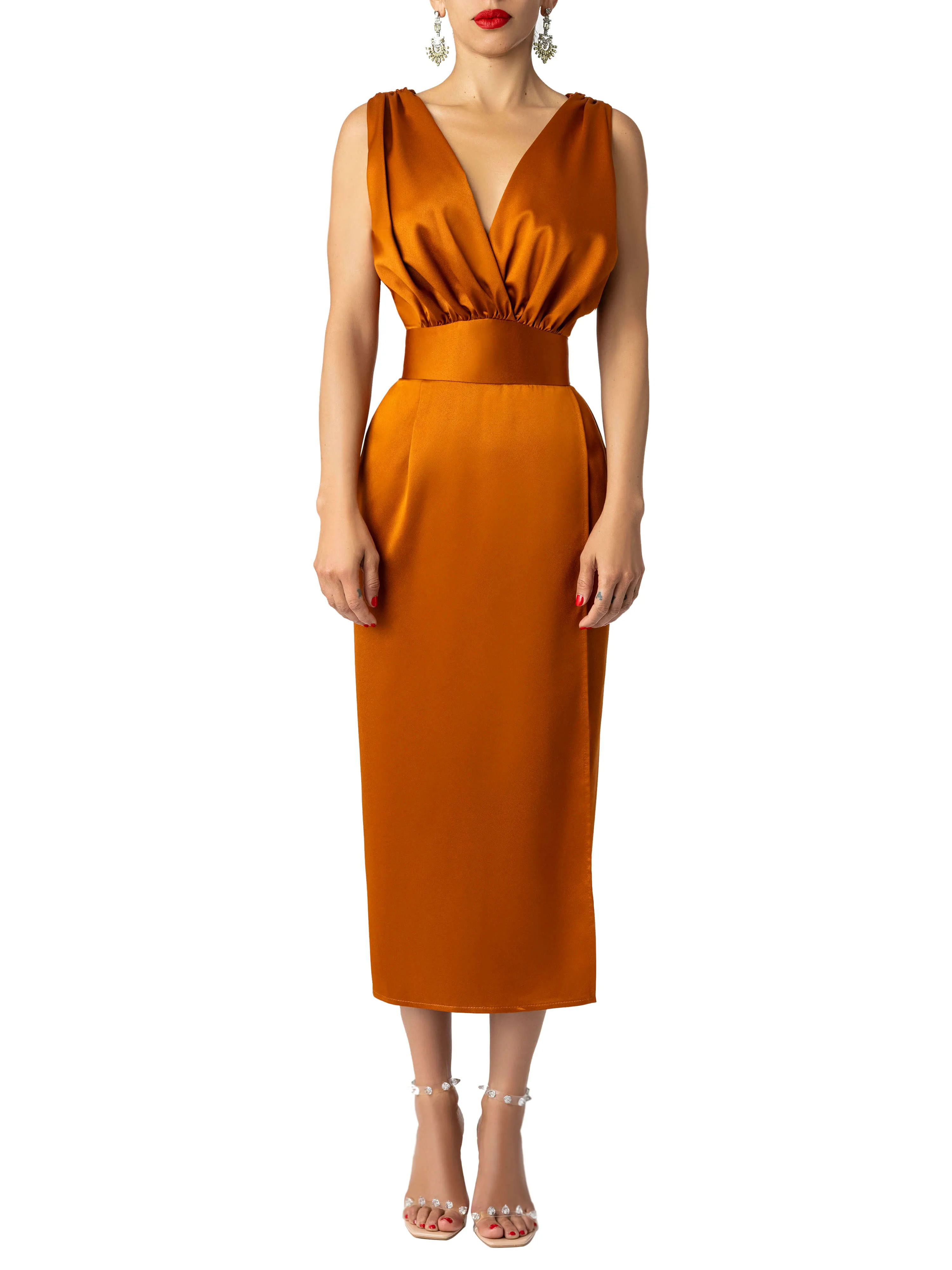 "Mariah" Cognac  Ruched Wrap Pencil Dress