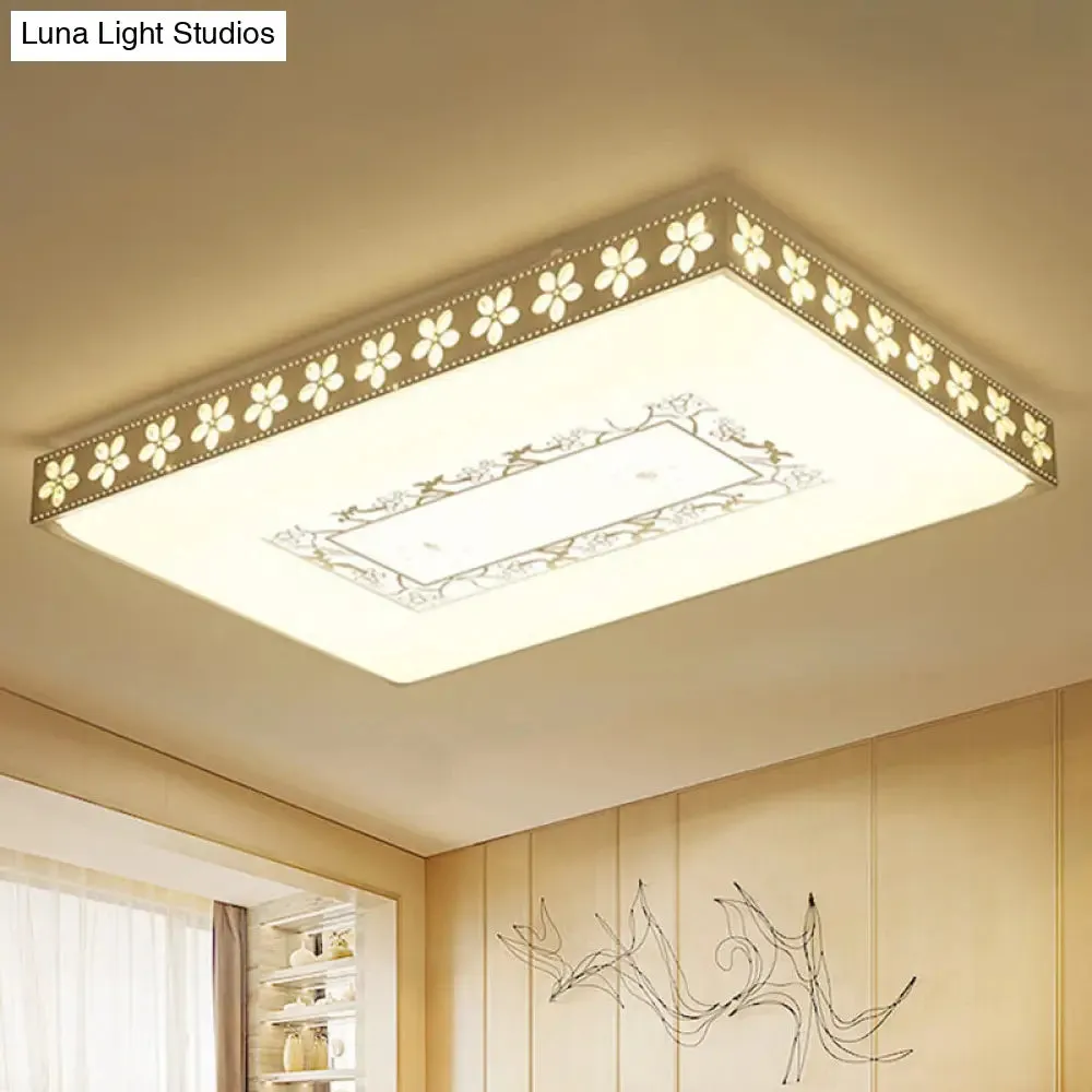 Rectangular LED Crystal Ceiling Light, Simple White Flush Mount for Living Room with 3 Color Lights