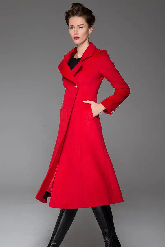 Red Winter Coat - Warm Elegant Long Double-Breated Fitted Handmade Designer Woman's Coat with Button Details Women's Fashion 1415