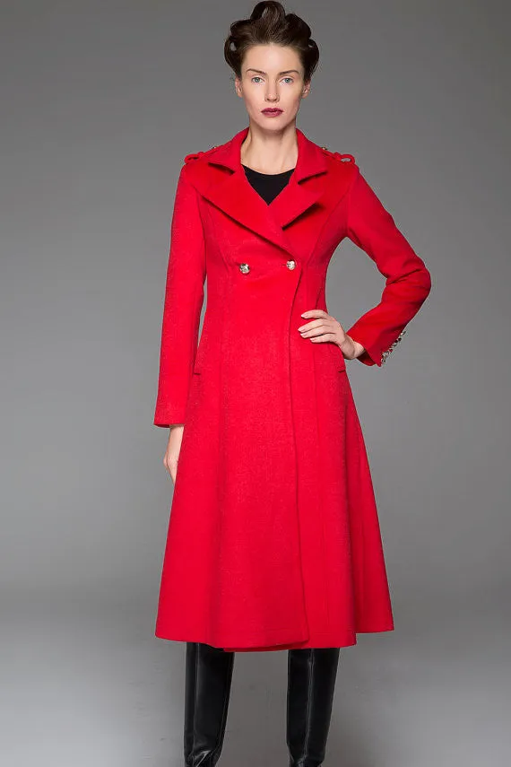 Red Winter Coat - Warm Elegant Long Double-Breated Fitted Handmade Designer Woman's Coat with Button Details Women's Fashion 1415