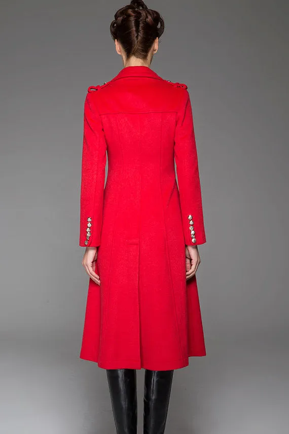 Red Winter Coat - Warm Elegant Long Double-Breated Fitted Handmade Designer Woman's Coat with Button Details Women's Fashion 1415