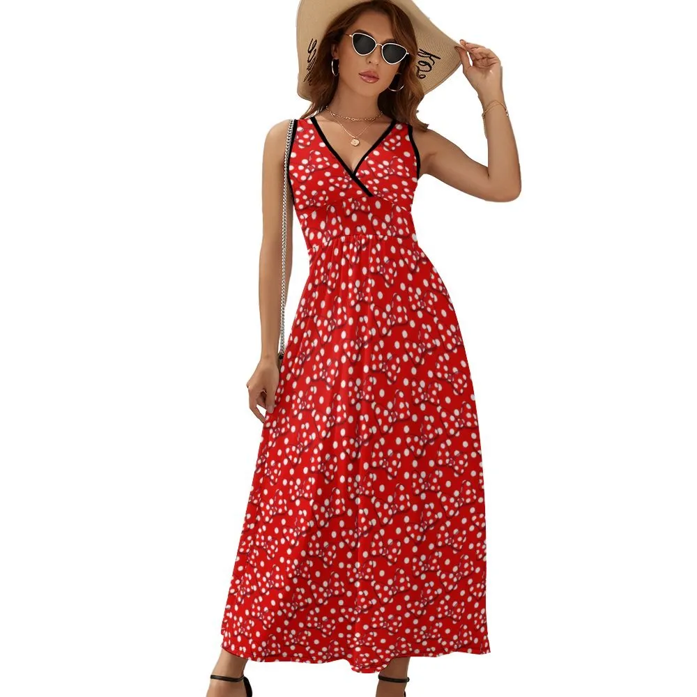 Red With White Polka Dot And Bows Women's Long Sleeveless Dress