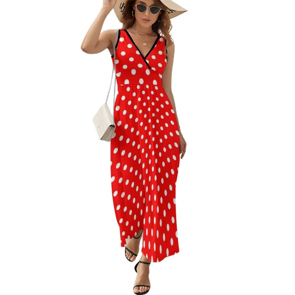 Red With White Polka Dots Women's Long Sleeveless Dress