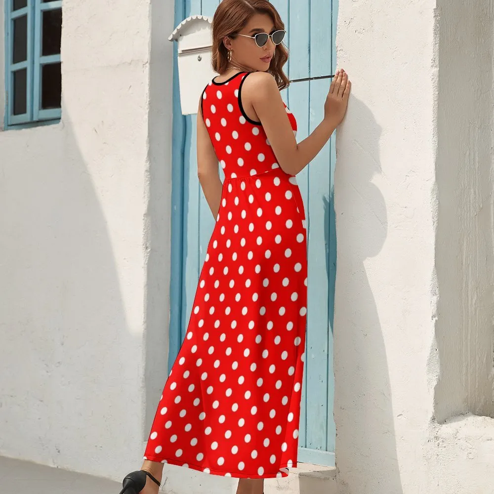 Red With White Polka Dots Women's Long Sleeveless Dress