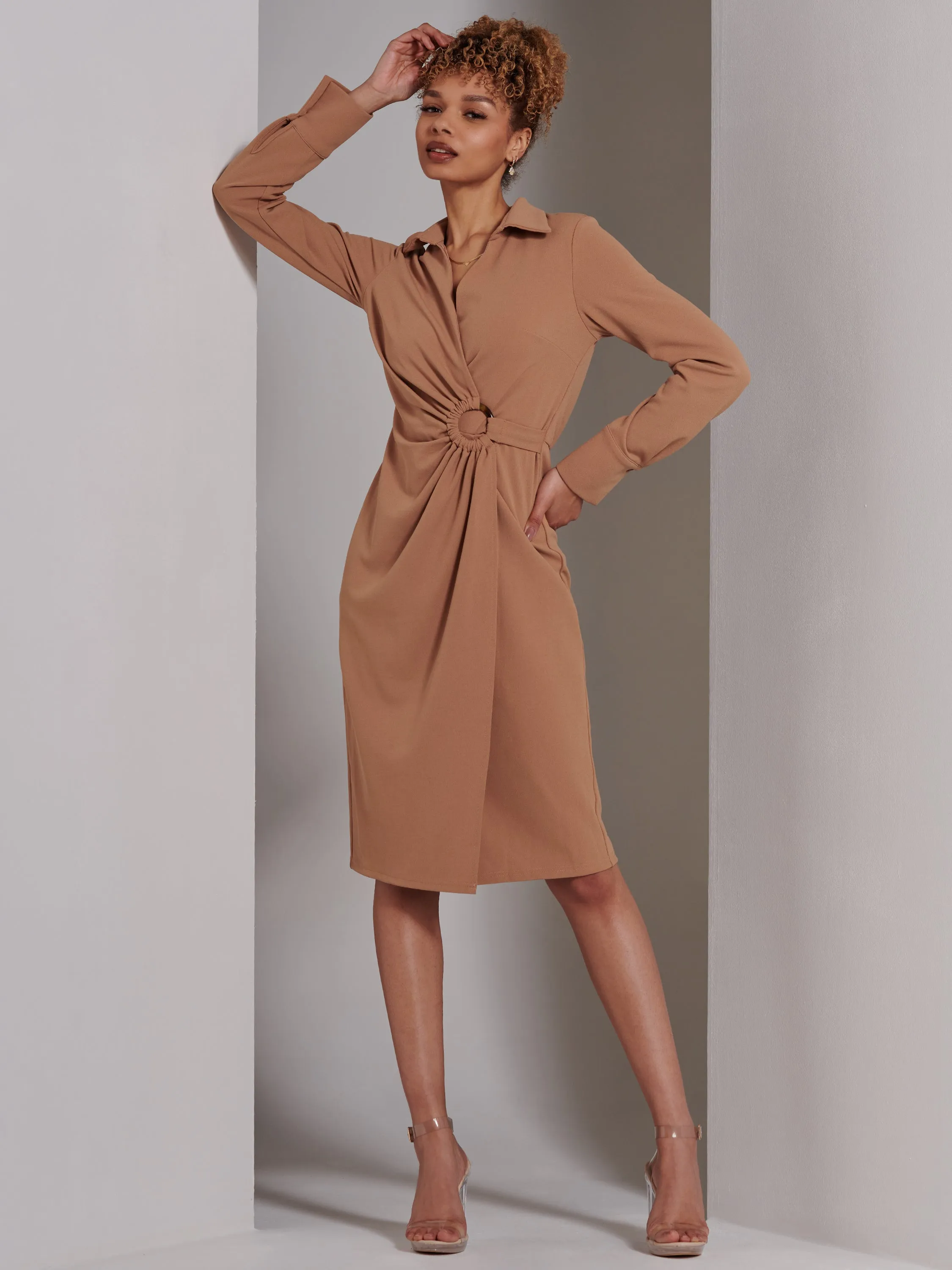 Reveka Wrap Ruched Shirt Dress, Camel