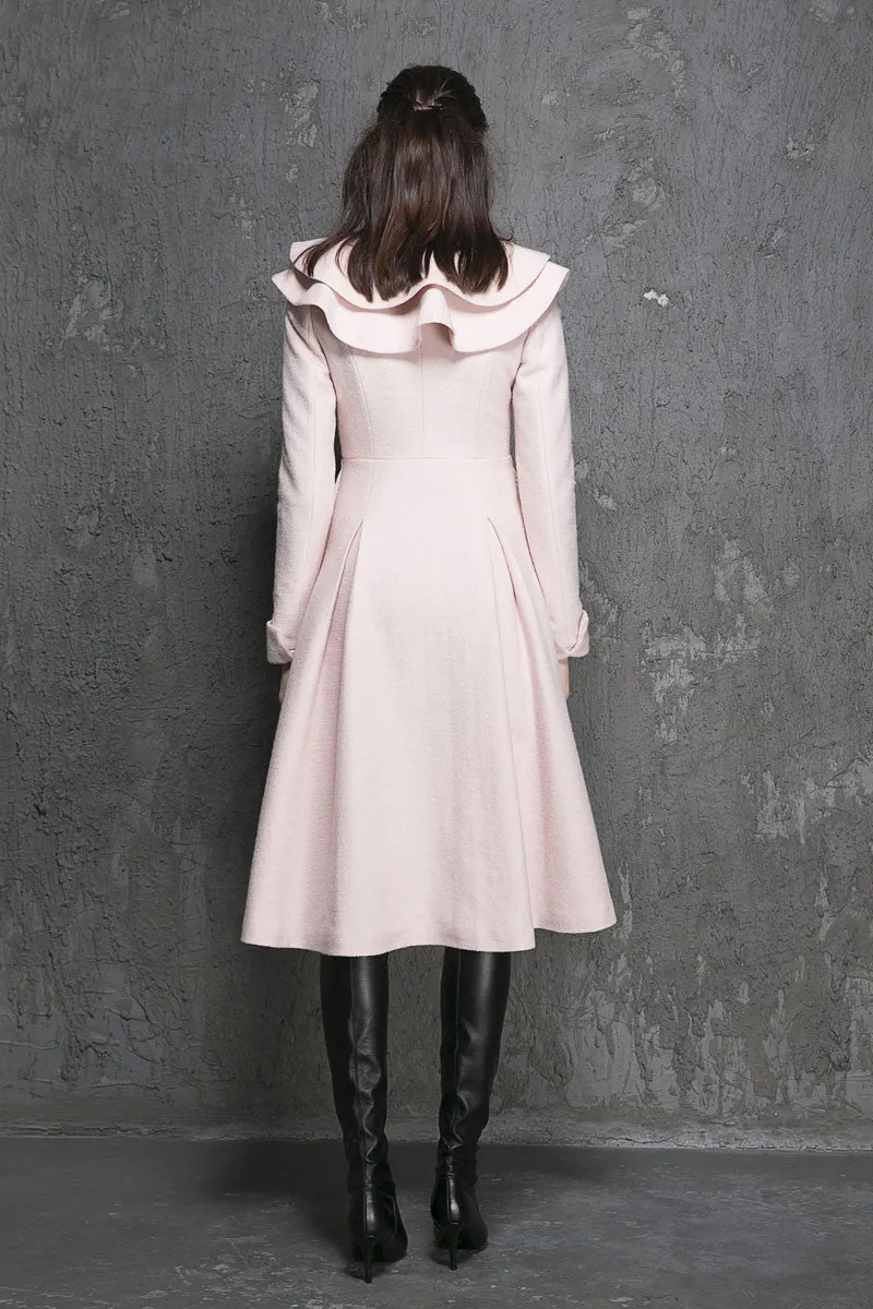 Ruffled Collar Winter Coat - Pink Long Wool Coat (1348)