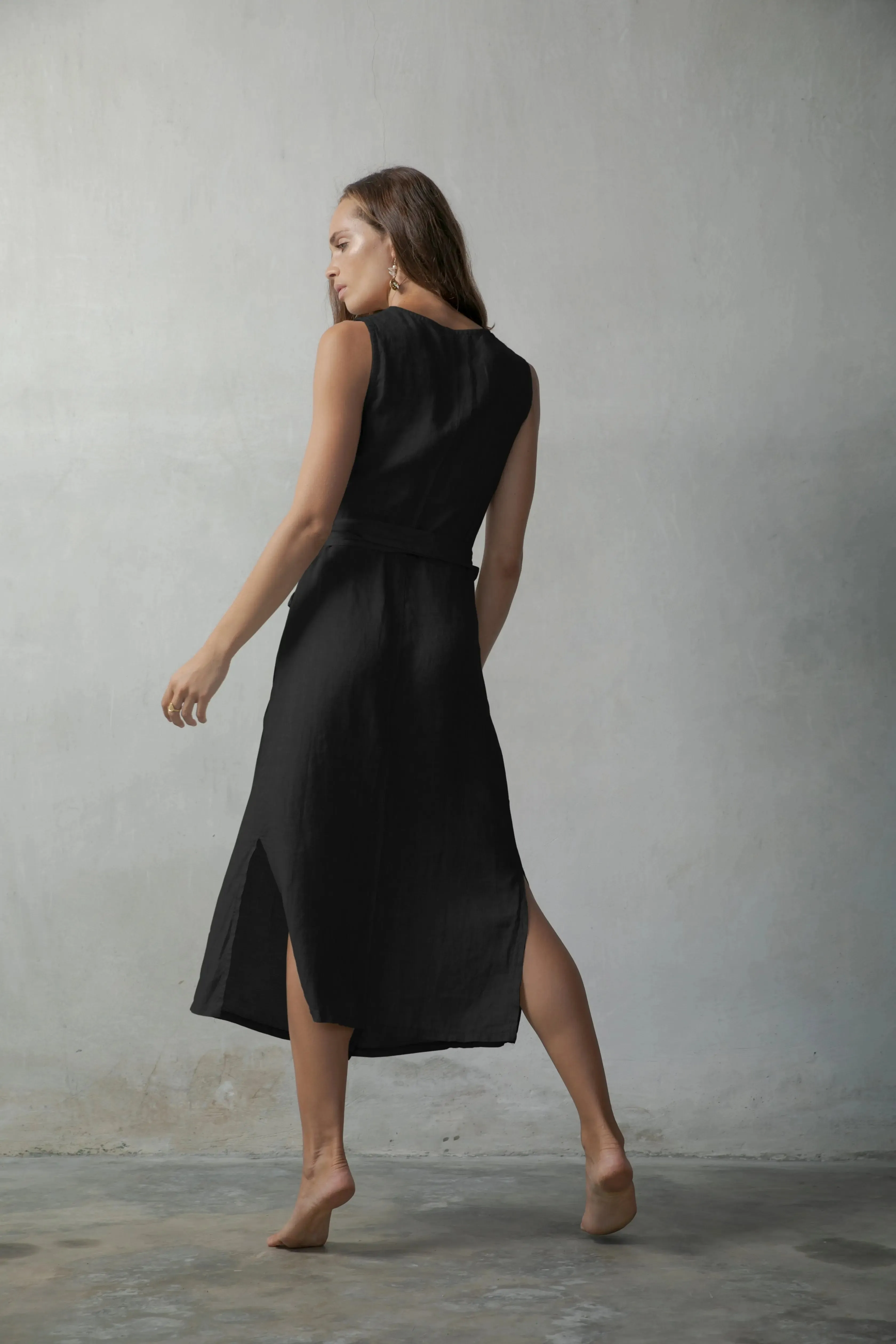 Safari Linen Wrap Dress Black