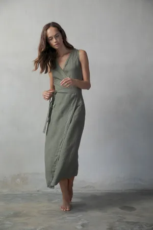 Safari Linen Wrap Dress Khaki