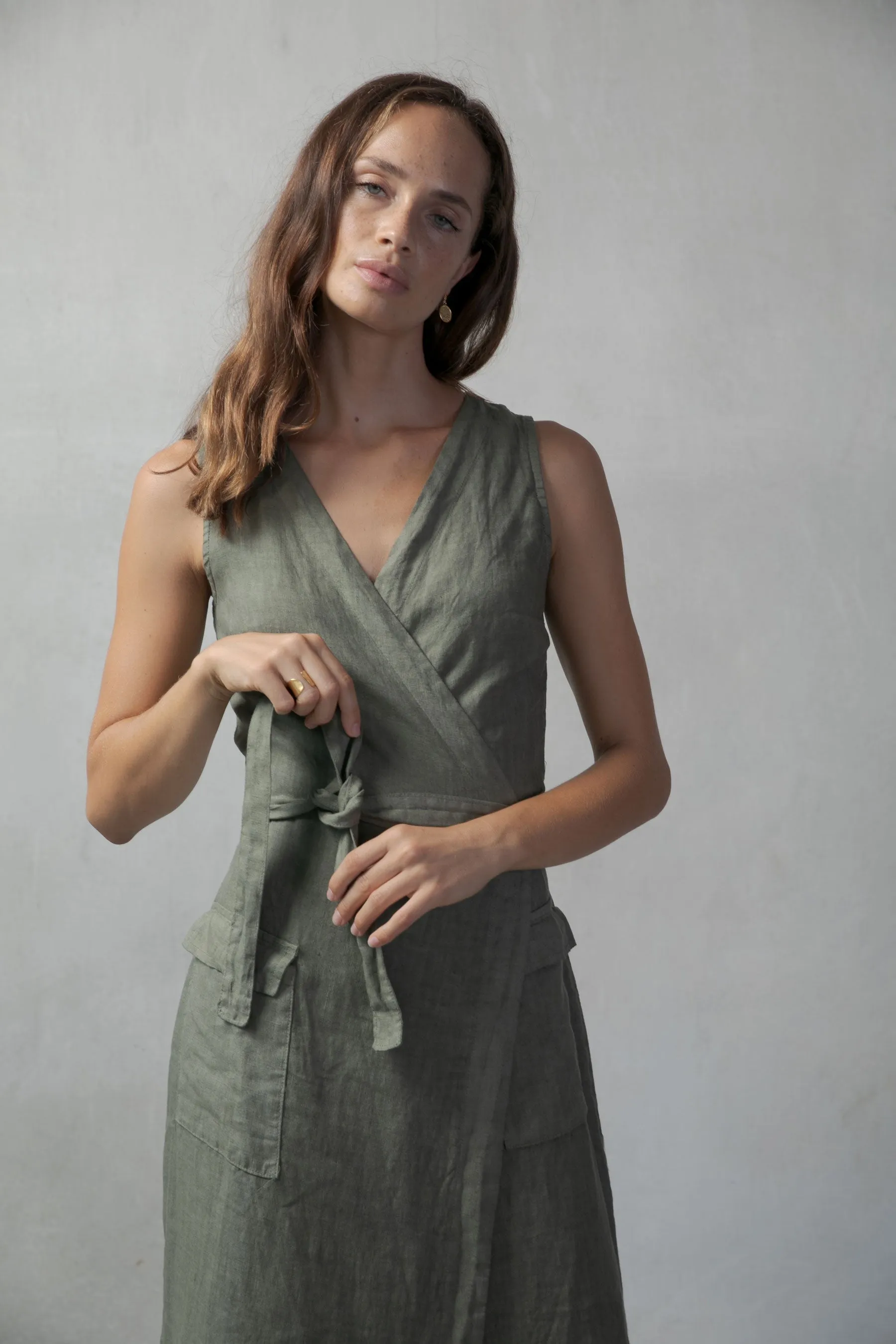 Safari Linen Wrap Dress Khaki