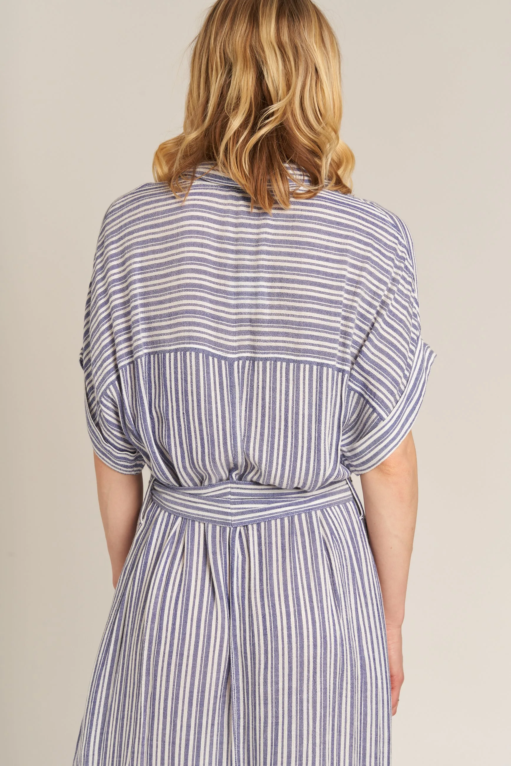 Sailing Free Striped Shirt Dress with Tie Wrap in Blue