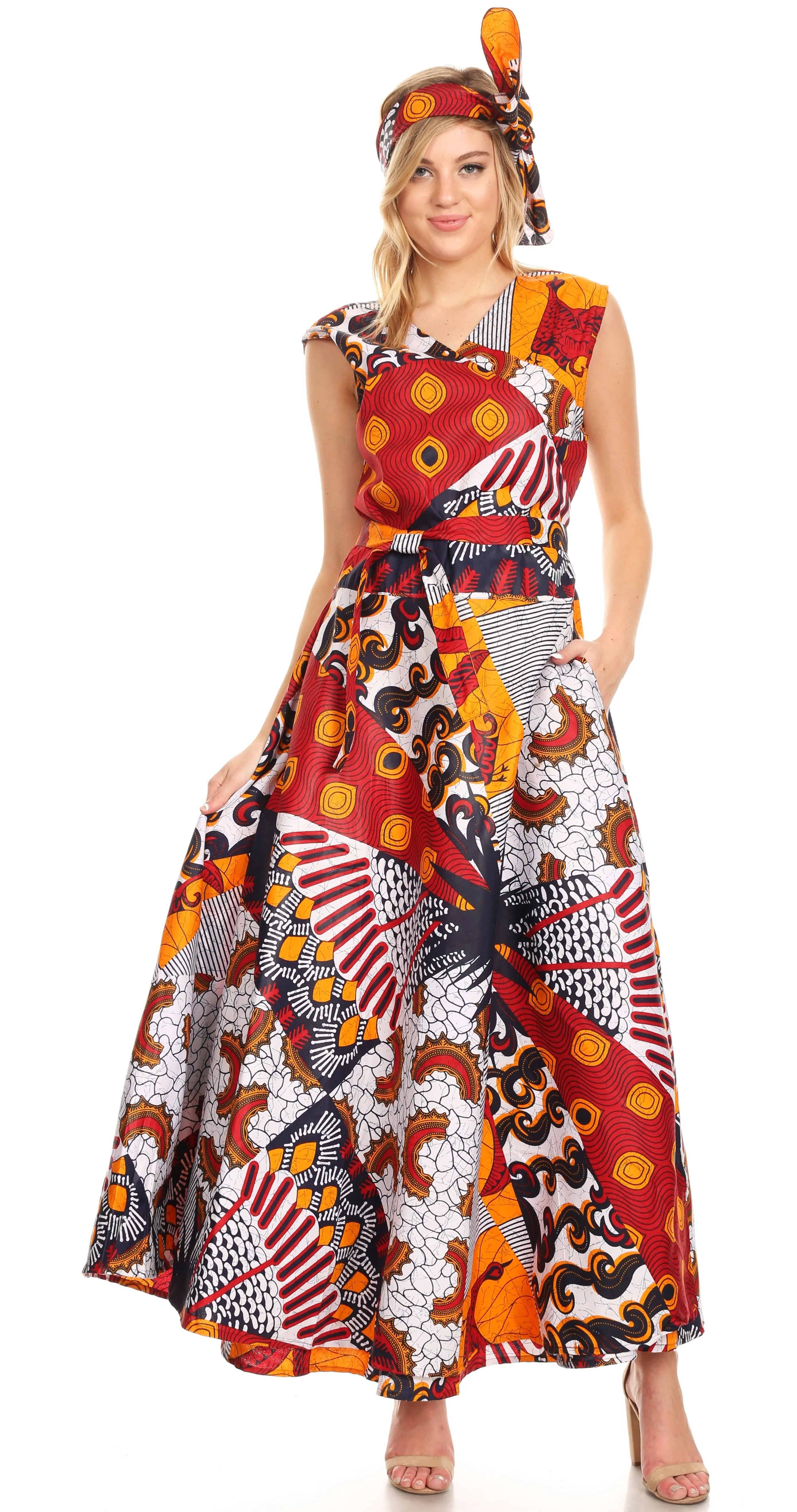 Sakkas Daliah Colorful Wax African Ankara Dutch Sleeveless Long Wrap Around Dress