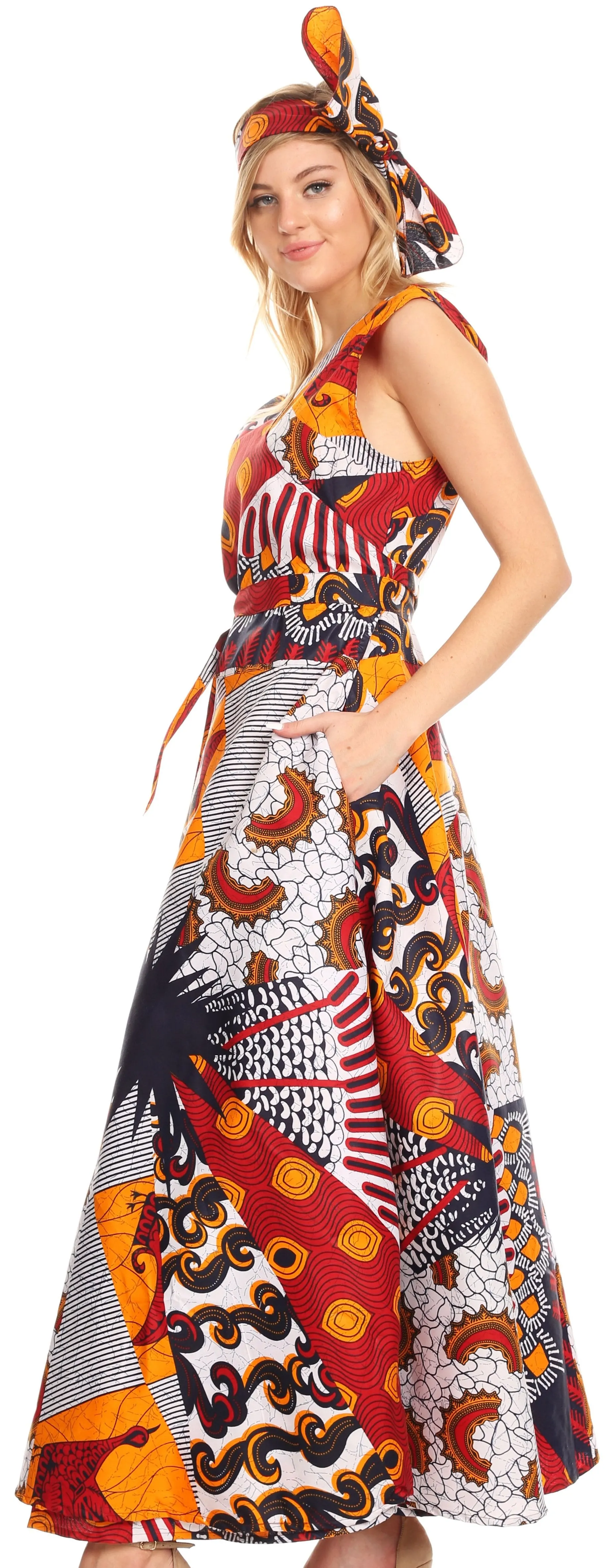 Sakkas Daliah Colorful Wax African Ankara Dutch Sleeveless Long Wrap Around Dress