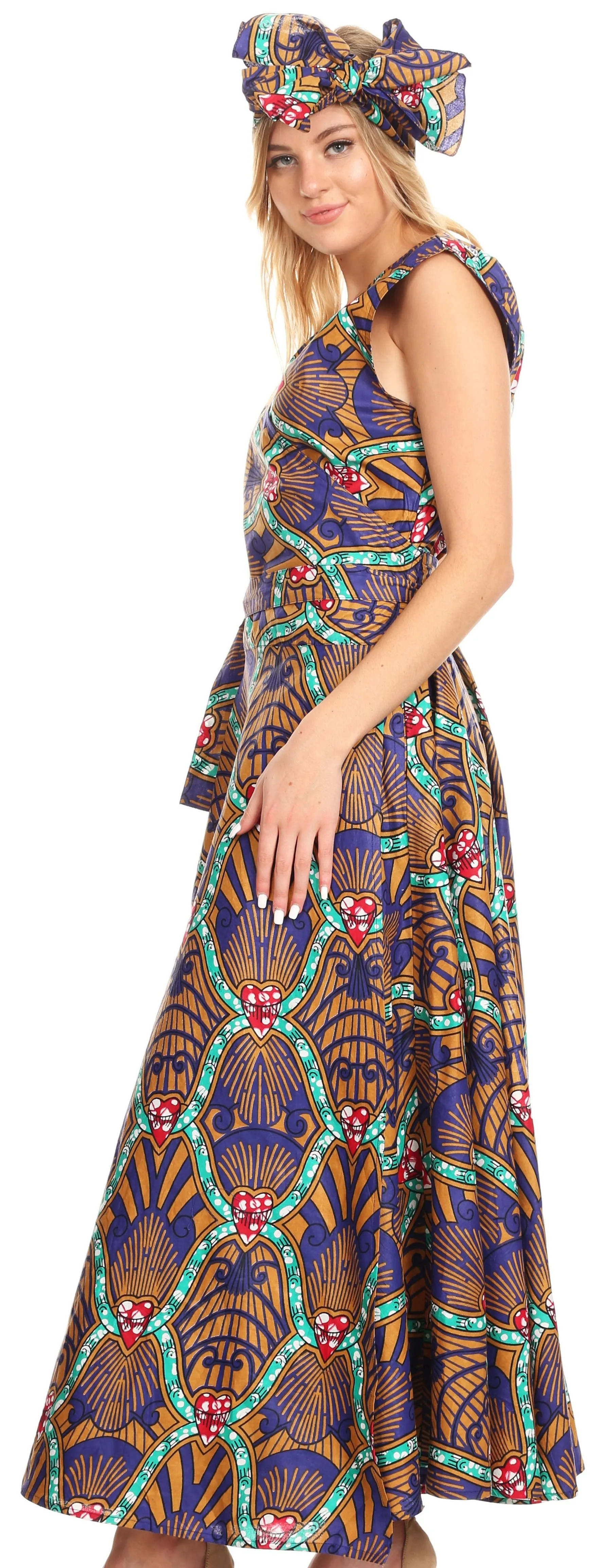 Sakkas Daliah Colorful Wax African Ankara Dutch Sleeveless Long Wrap Around Dress