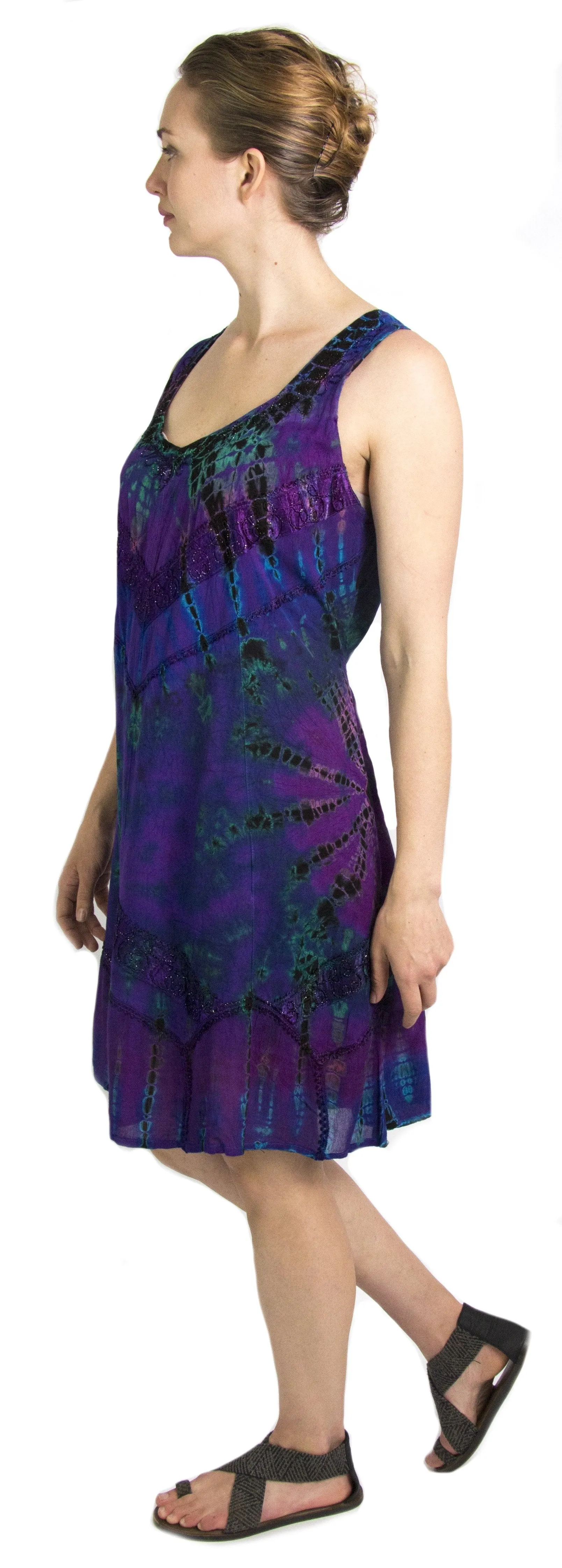 Sakkas Luciana Women's Tie Dye Bohemian Swing Midi Dress with Ties and Smock Back