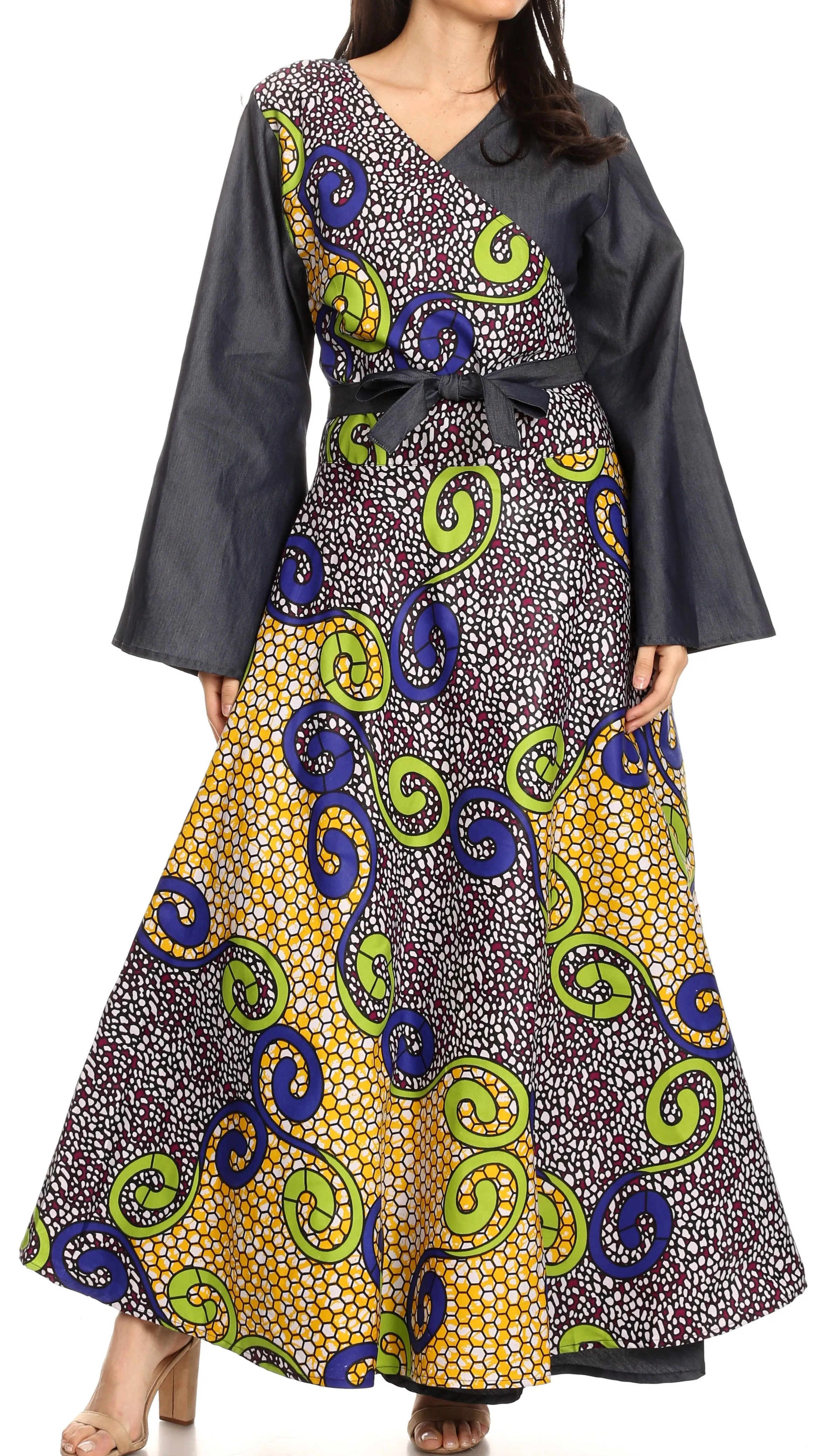 Sakkas Mica Women's Boho Maxi Loose Long Chambray African Wrap Dress with Pockets